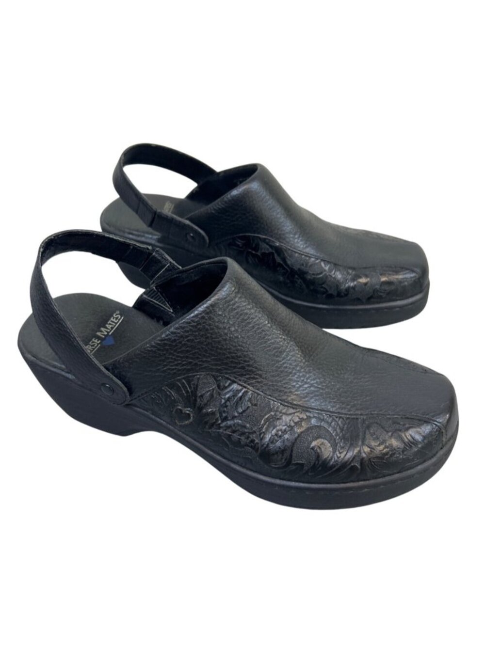 Nurse Mates Women's 7W Black Embossed Leather Slingback Comfort Clogs Shoes